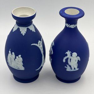 Pair of English Wedgwood Japserware dark Blue Jasper bottle shape Vases